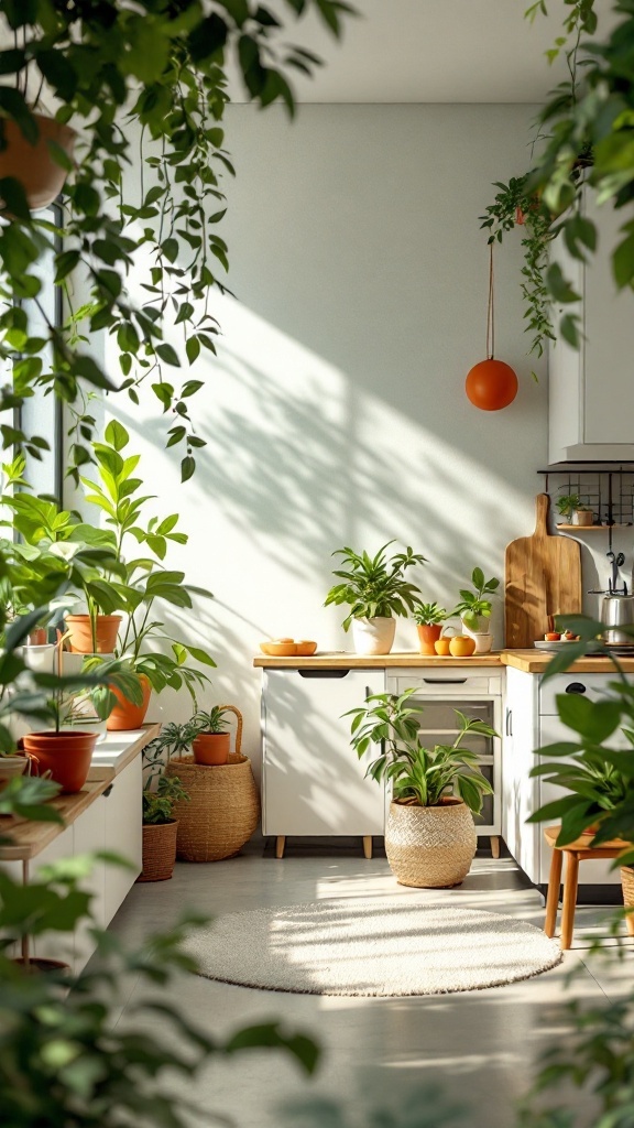 A bright and airy kitchen filled with various indoor plants and natural light.