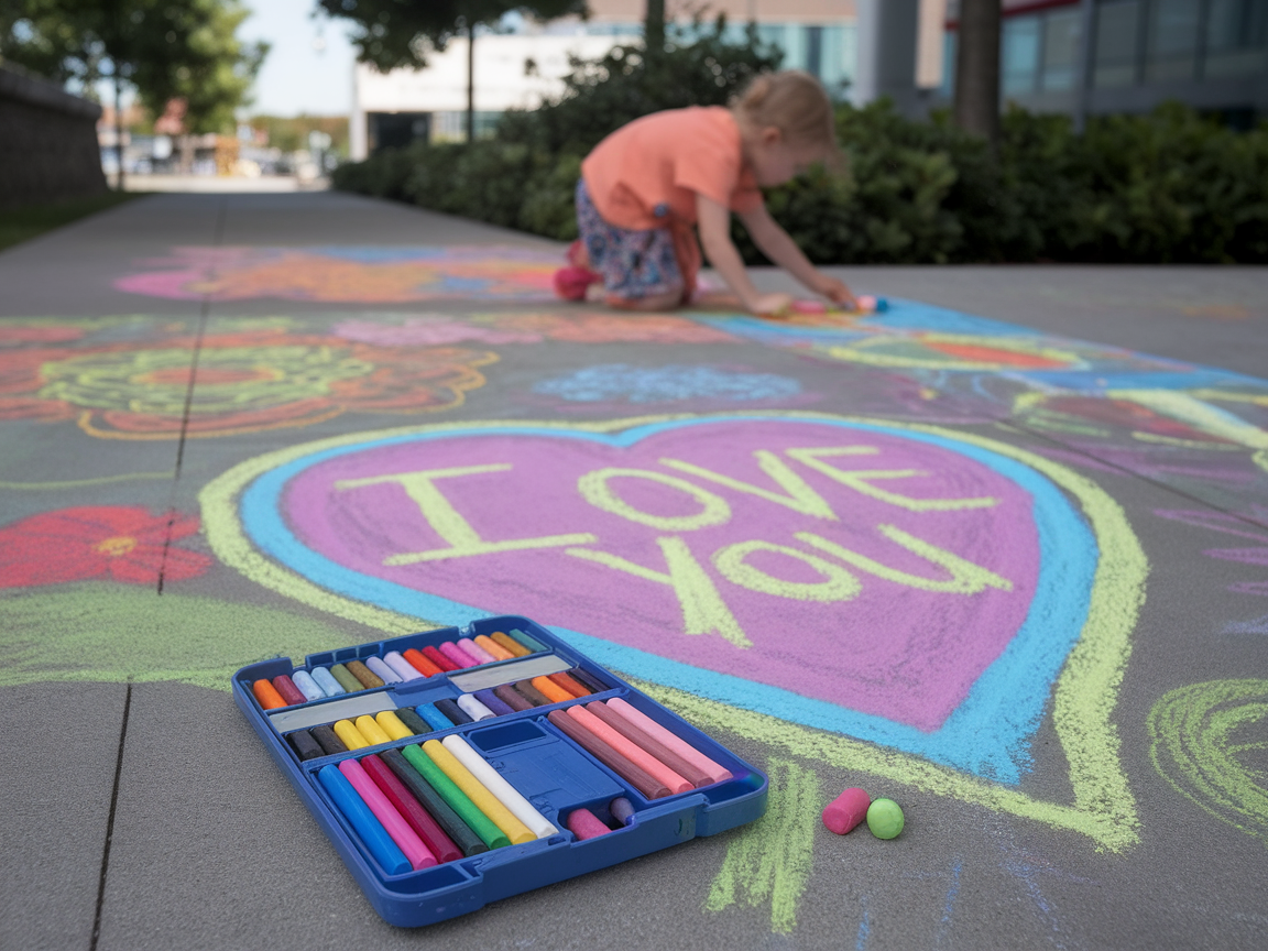 A child playing with colorful chalk on pavement, writing 'I LOVE YOU' while a chalk set is nearby.