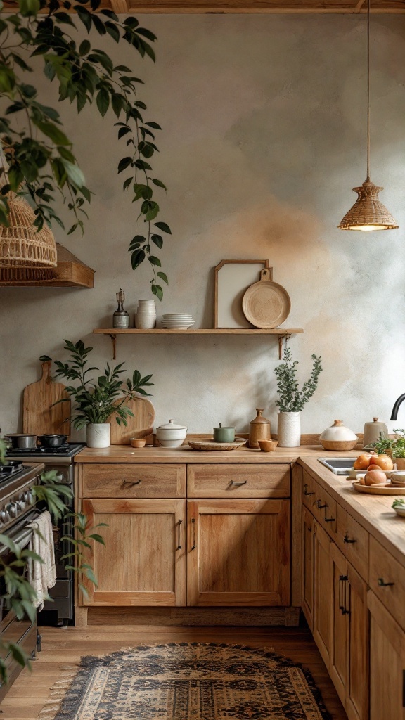 A cozy Japandi kitchen featuring earthy tones and natural materials.