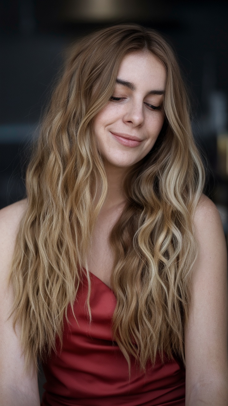 A woman with long, beachy mermaid waves, wearing a red dress.