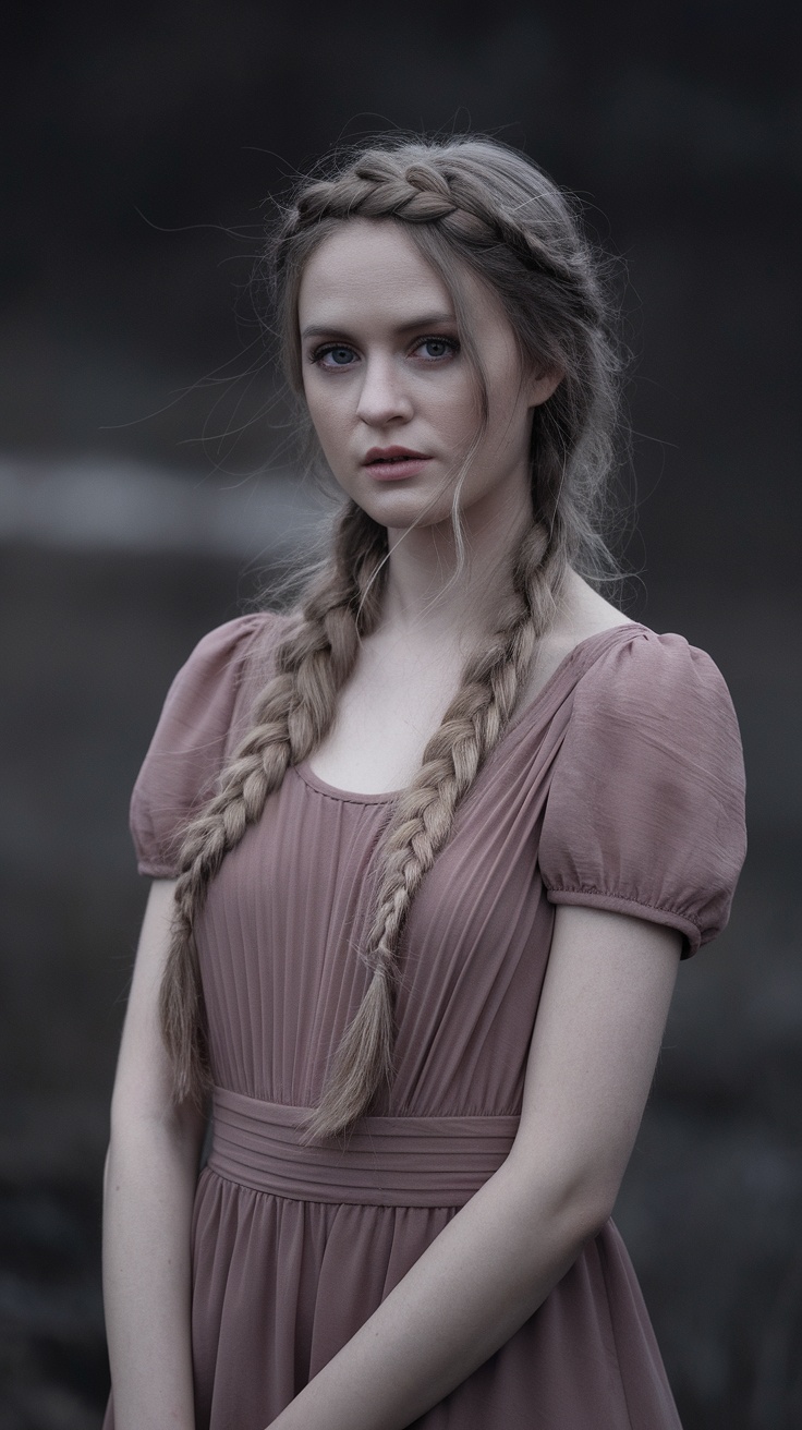 A young woman with long hair styled in a braided crown updo, wearing a soft pink dress.