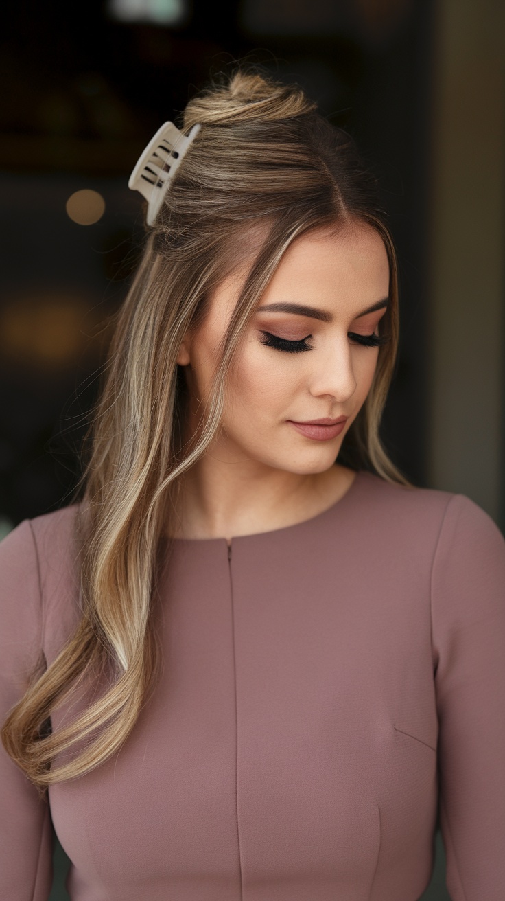 A woman with long hair styled in a claw clip half-updo, wearing a stylish dress.