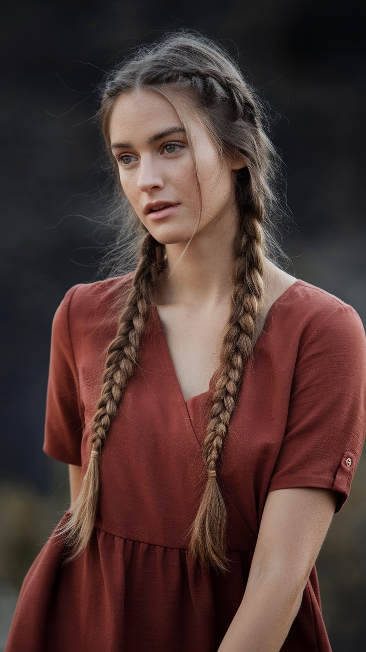 A young woman with two Dutch braids, wearing a rust-colored top, against a blurred dark background.