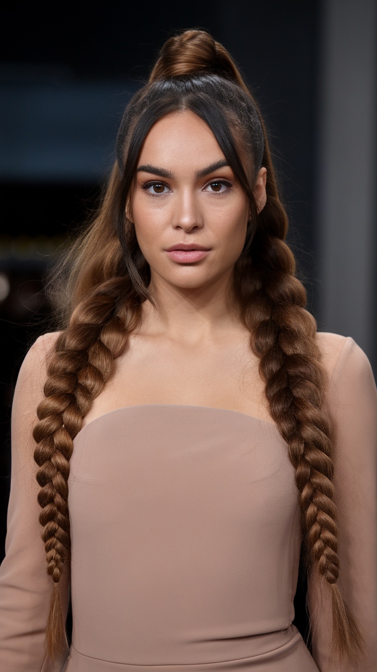 A woman with a half-up bubble ponytail hairstyle, featuring long braids and a relaxed look.