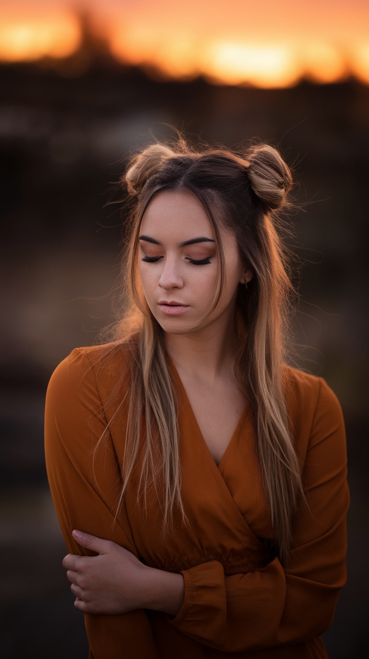 A woman with long hair styled in half-up space buns, wearing an orange top against a sunset background.