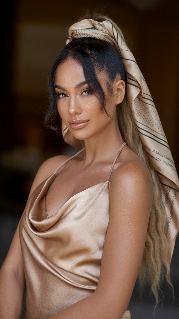 A woman with a high ponytail styled with a scarf