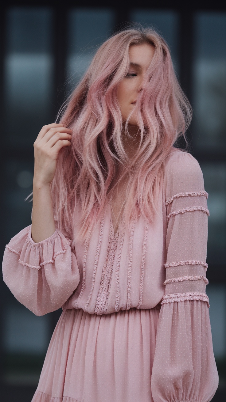 A woman with loose boho waves in her hair, wearing a pink dress.