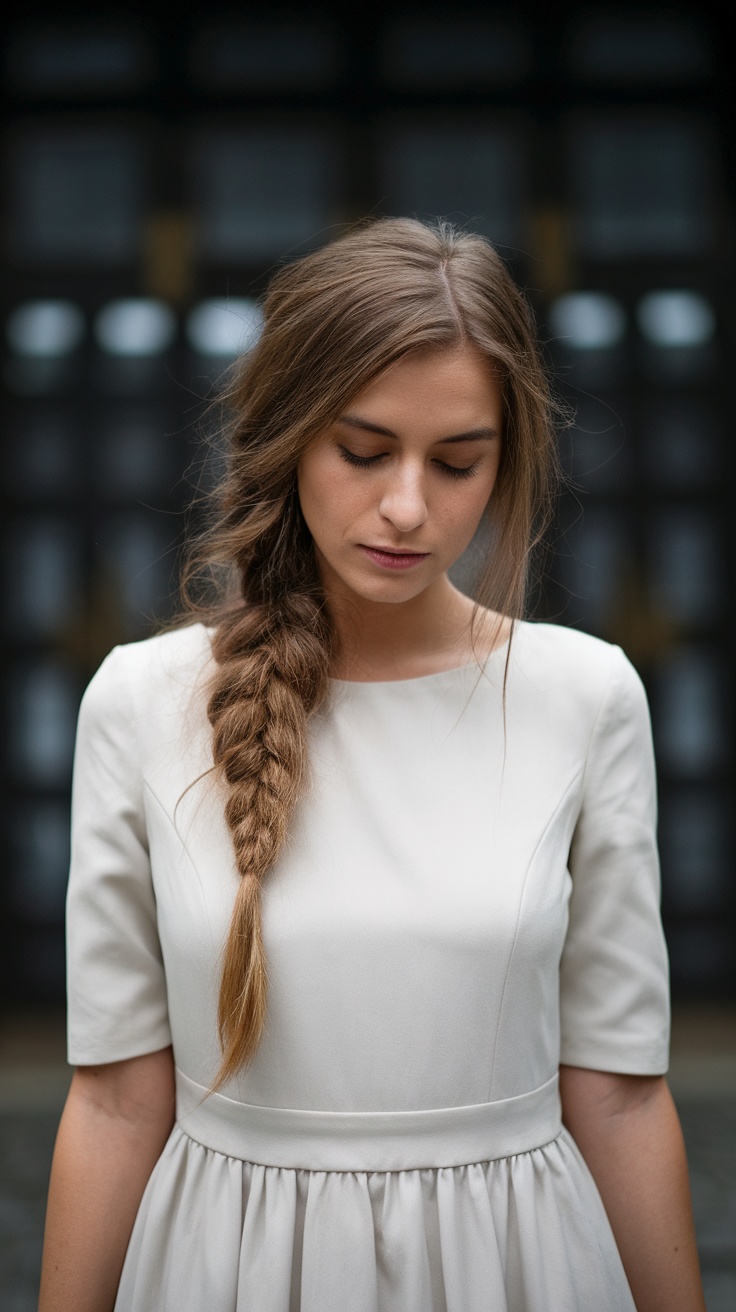 A woman with a messy fishtail braid wearing a light-colored dress.