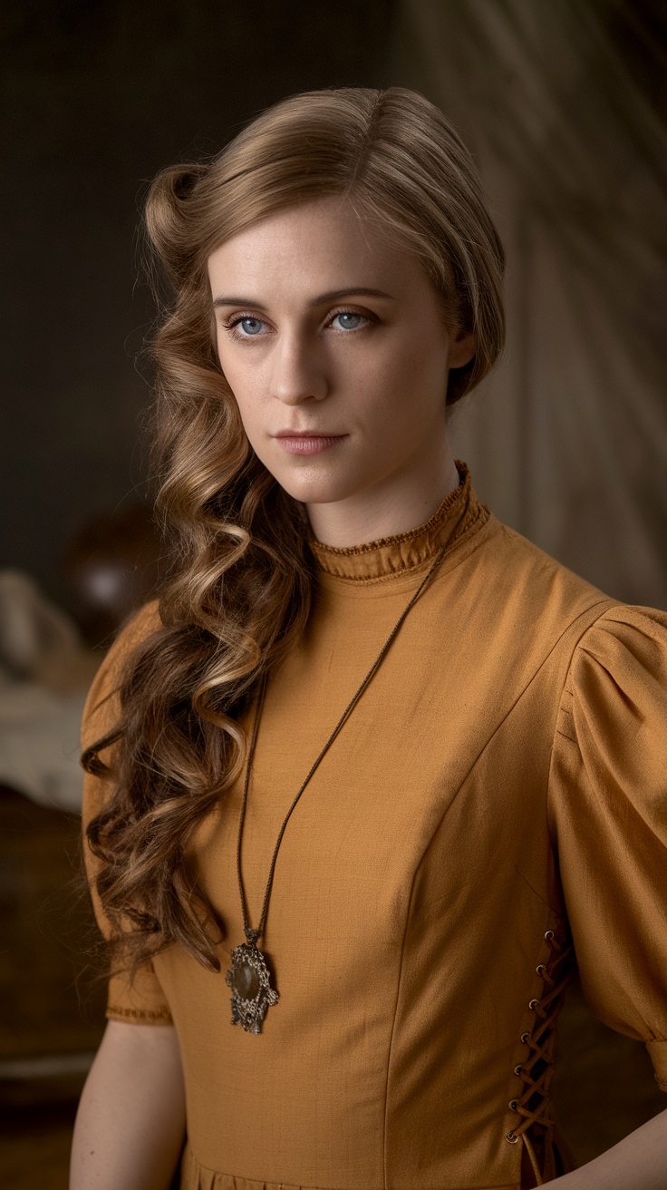 A woman with side-swept loose curls wearing a mustard-colored dress and a necklace.