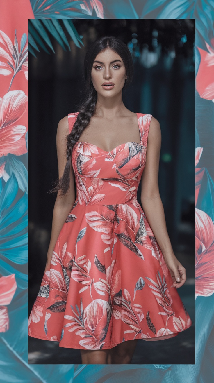 A model with long hair styled in a twisted low ponytail, wearing a floral dress in a tropical setting.