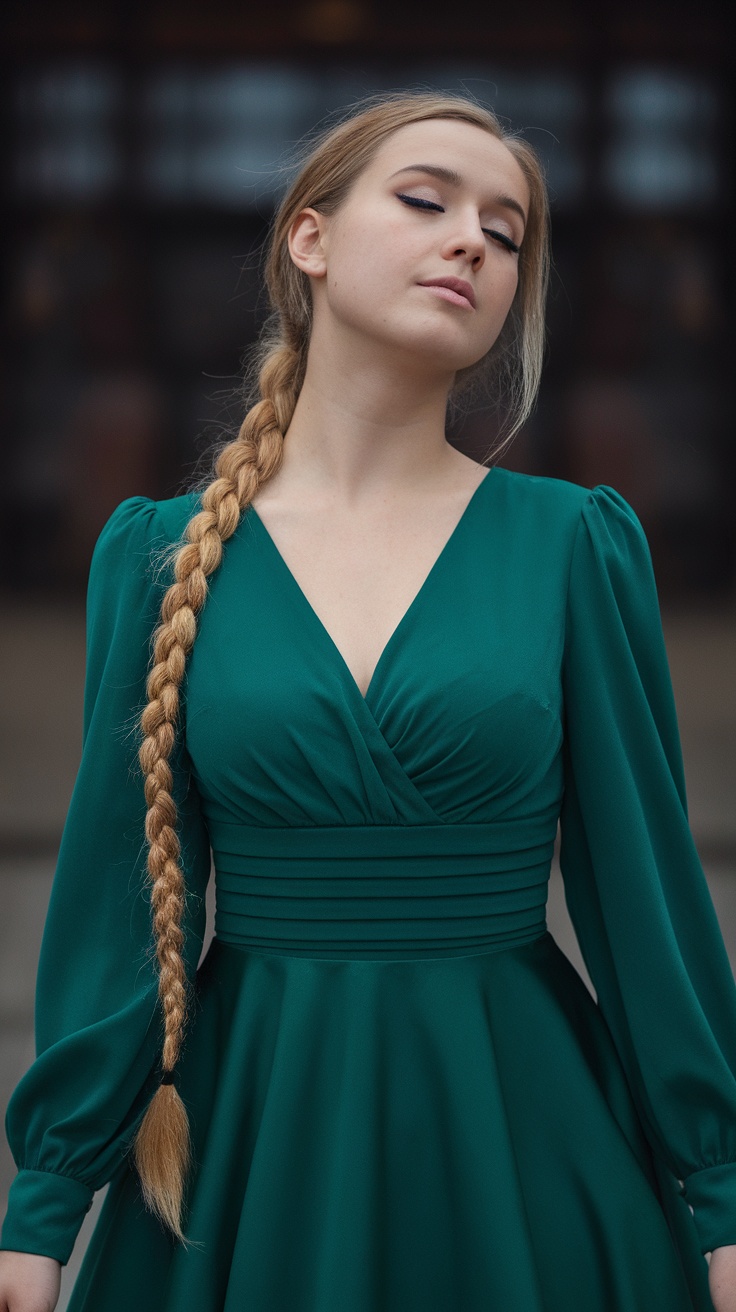 A woman wearing a twisted rope braid ponytail, dressed in a green gown.