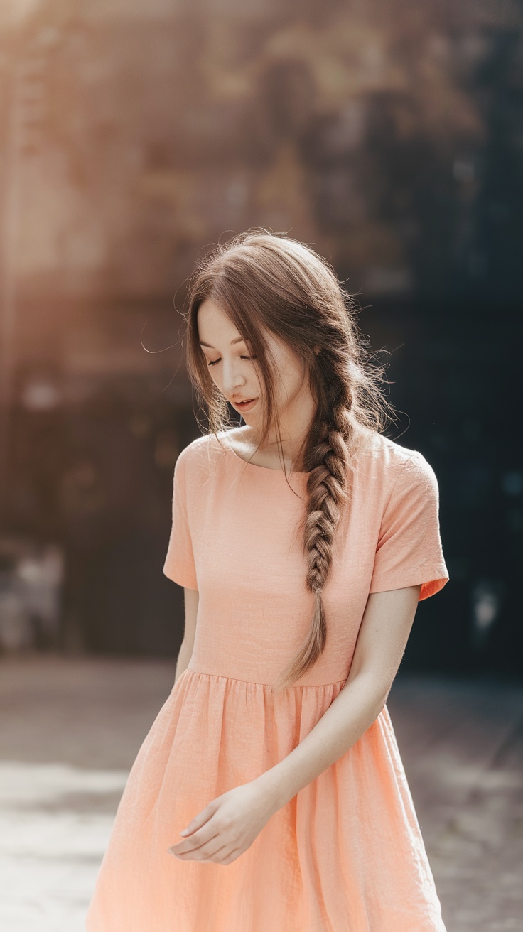 A young woman with a long waterfall braid, wearing a light peach dress, walking outdoors.