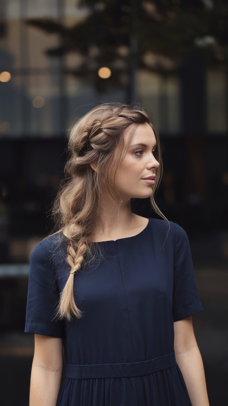 A young woman with long hair styled in a boho half-up twist, wearing a navy dress.