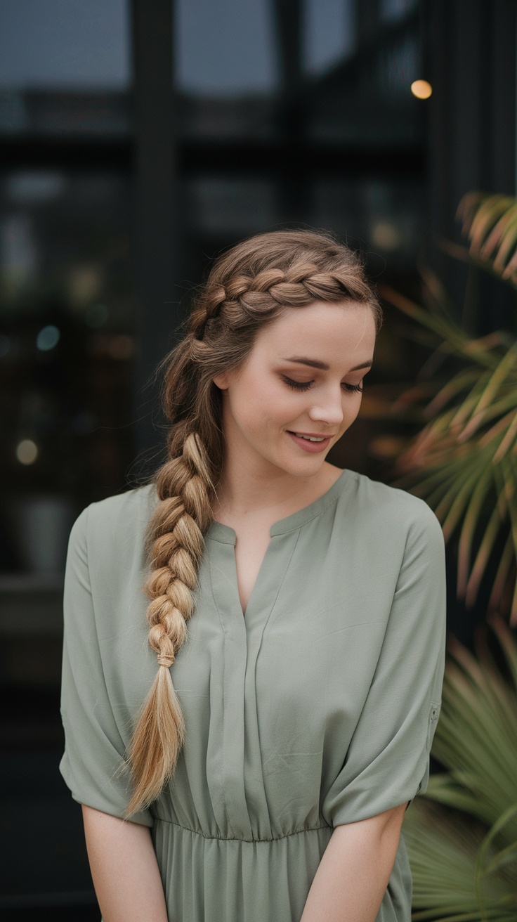 A woman with a classic French braid hairstyle, wearing a light green dress and smiling softly.