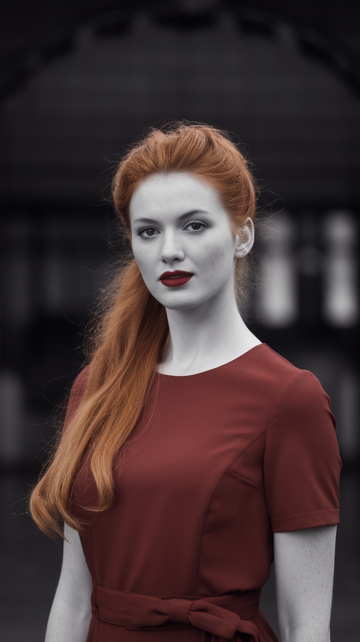 A woman with long red hair styled in a half-up French twist, wearing a red dress.