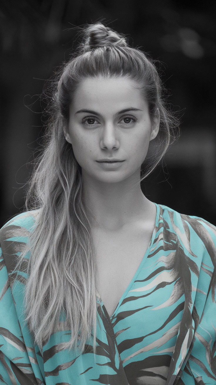 A young woman with long hair styled in a half-up twisted knot, wearing a colorful top.