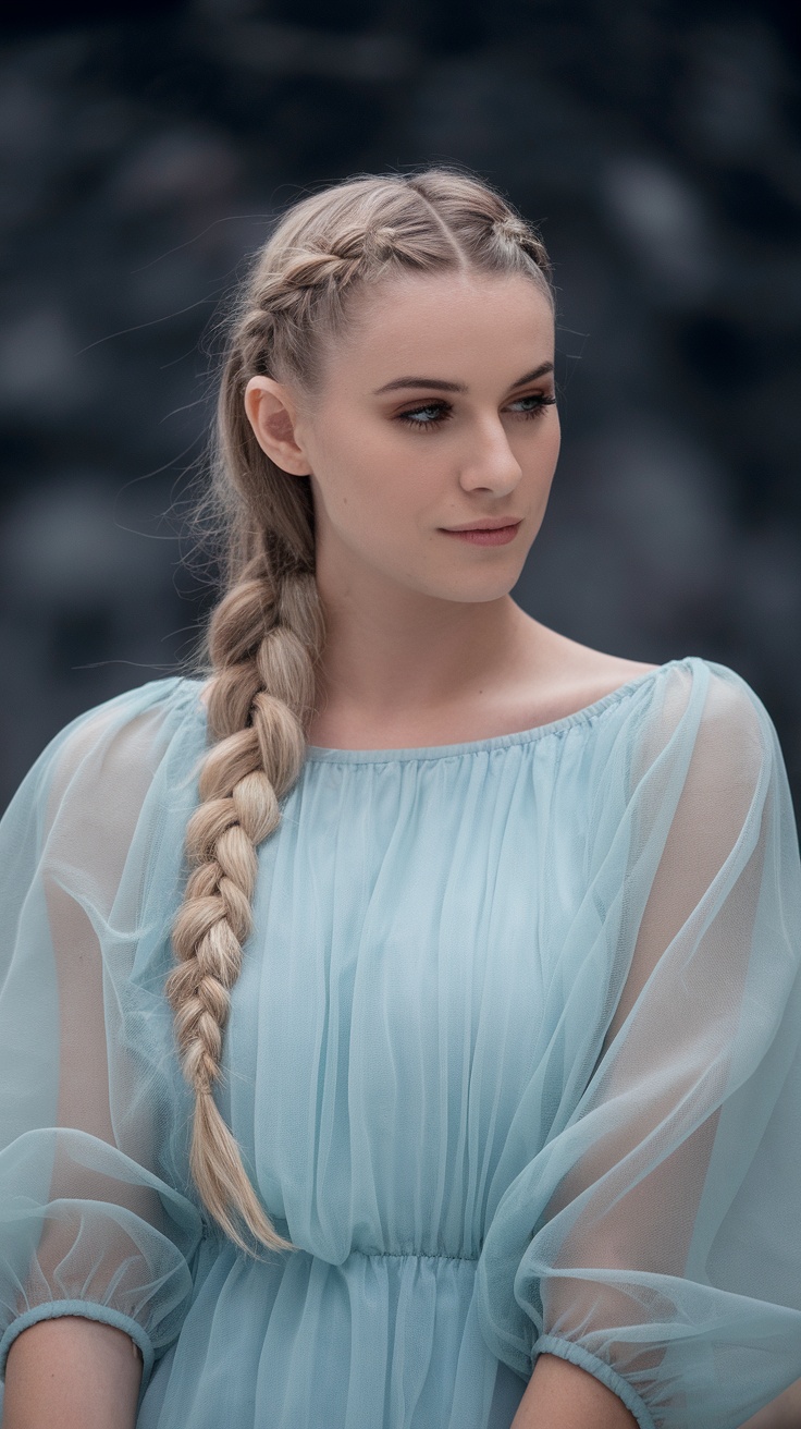 A woman with long hair styled in an infinity braid ponytail, wearing a light blue dress.