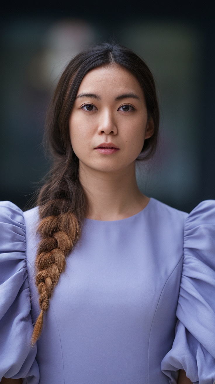 A woman with long hair styled in a low bubble ponytail, wearing a light purple dress.