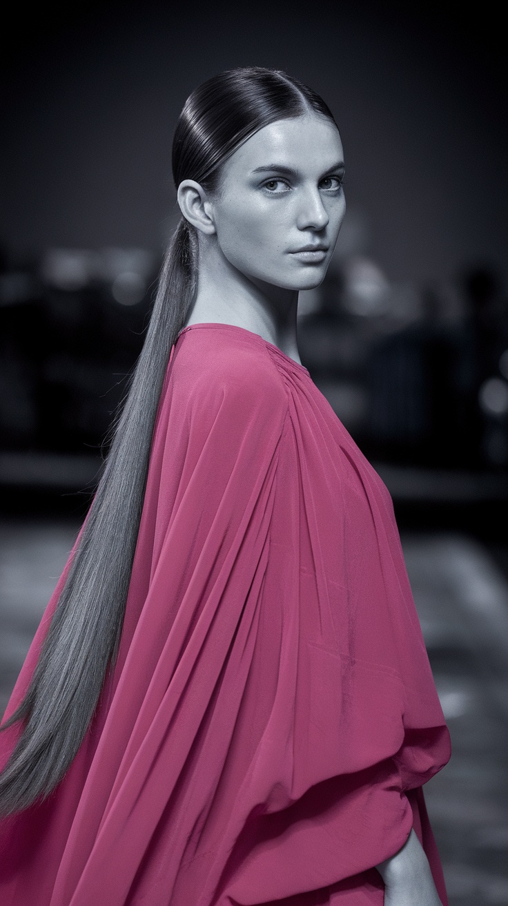 Model showcasing a sleek straight ponytail hairstyle.