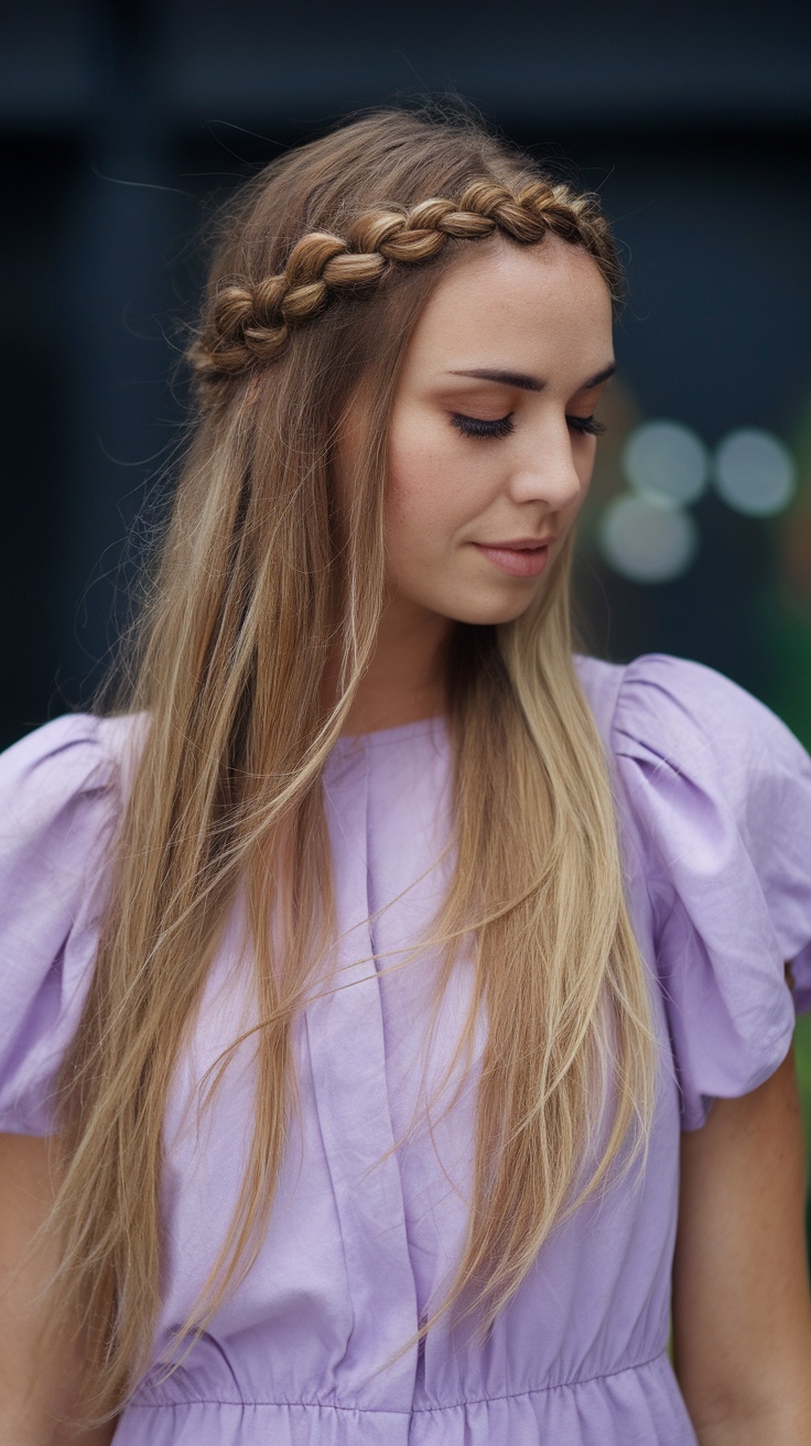 A woman with long hair styled in a twisted halo braid, wearing a lavender dress.