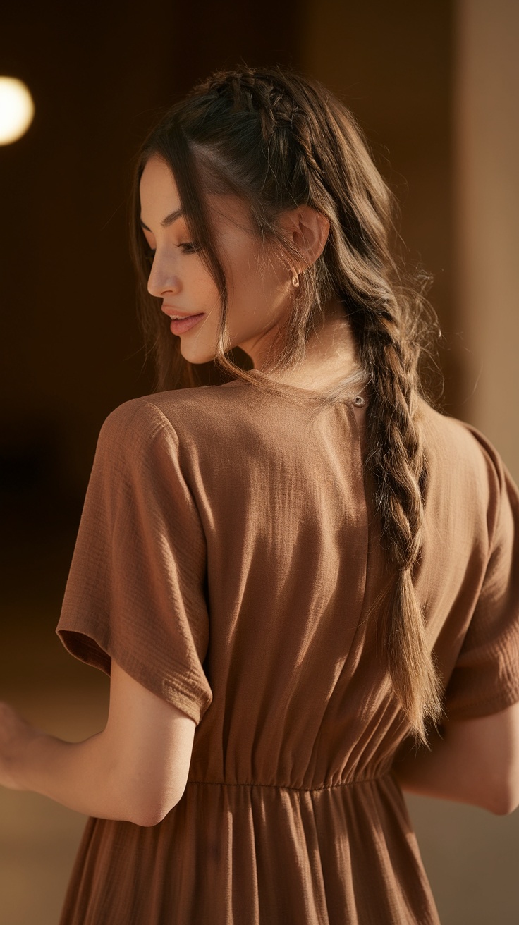 A woman with long hair styled in a braided half-up ponytail, wearing a brown dress.