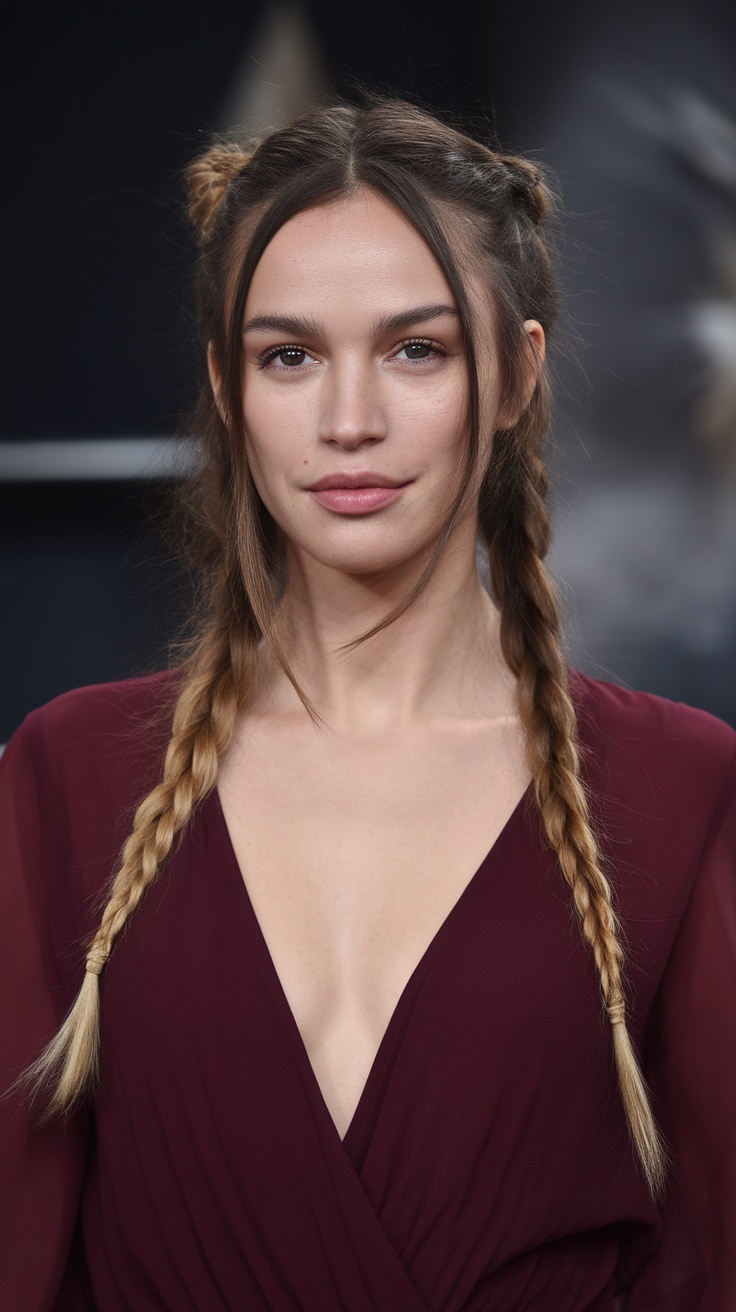 A person with long hair styled in double twisted low buns.