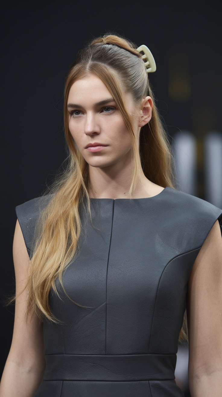 Model showcasing a half-up claw clip twist hairstyle