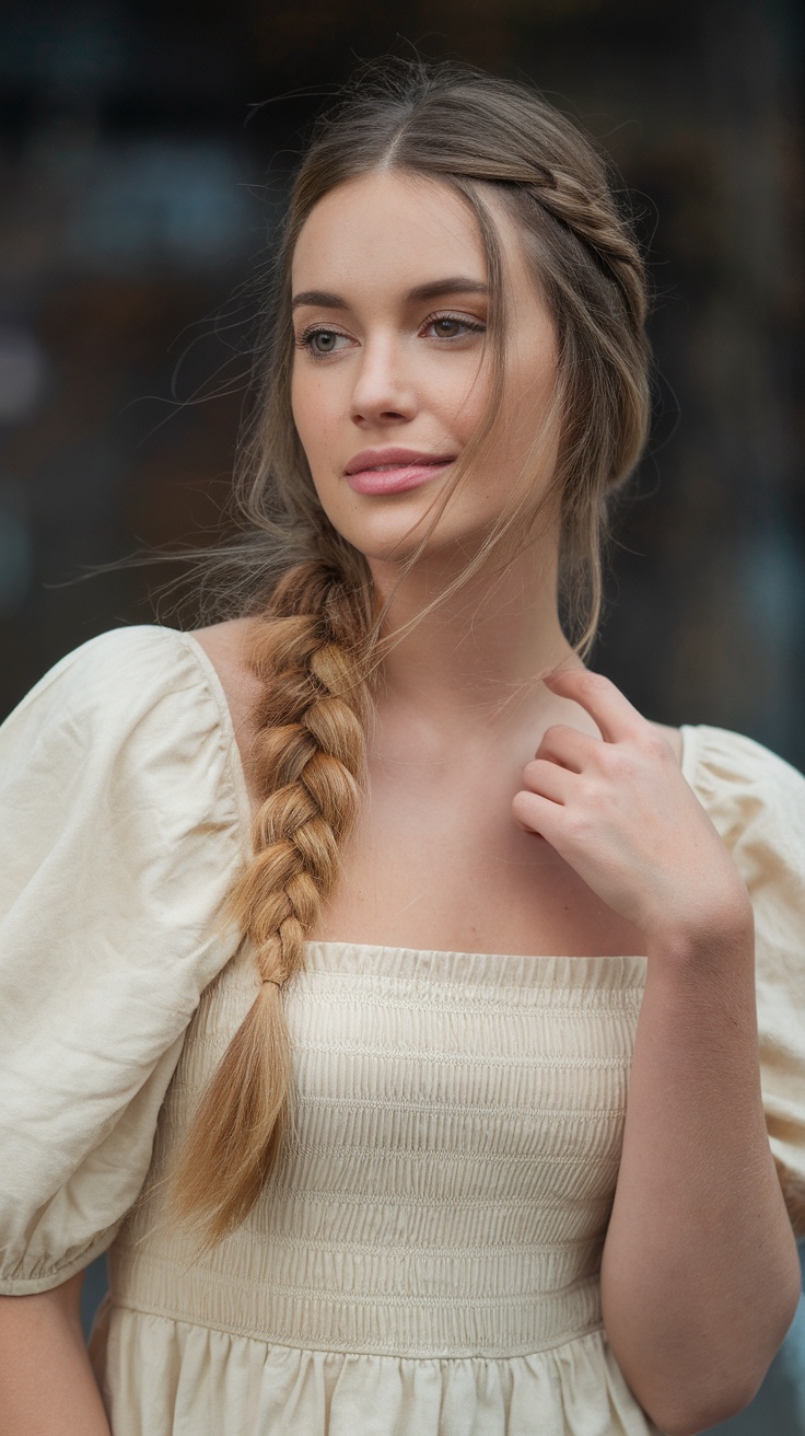 A young woman with a half-up Dutch braid hairstyle, wearing a light-colored top.