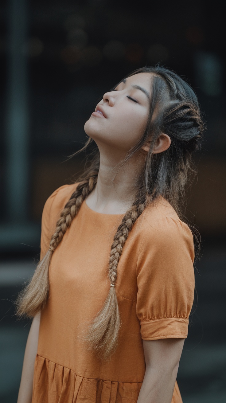 A young woman with long hair styled in a Half-Up Flip-Through Braid, wearing an orange dress.