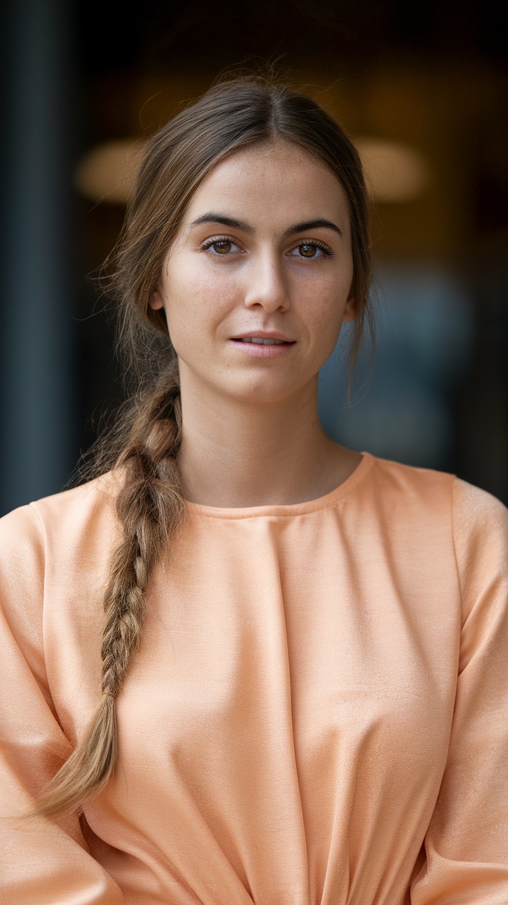 A woman with long hair styled in a knotted low ponytail, wearing a peach-colored blouse.