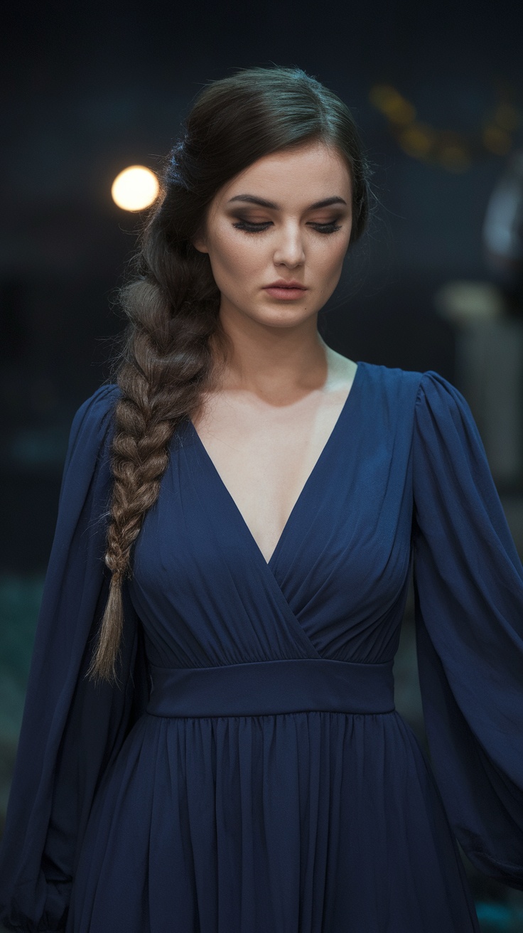 A model with long hair styled in a layered crimped waves hairstyle, wearing a blue dress.