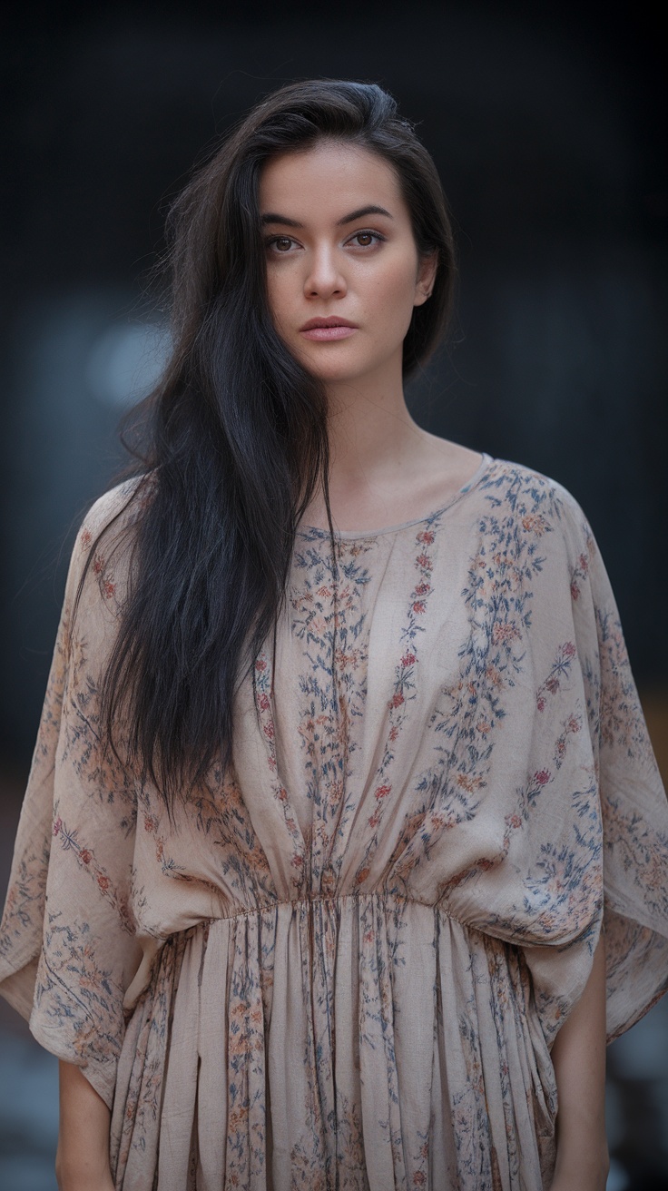 A woman with long, loose hair wearing a floral dress, showcasing a relaxed bohemian style.