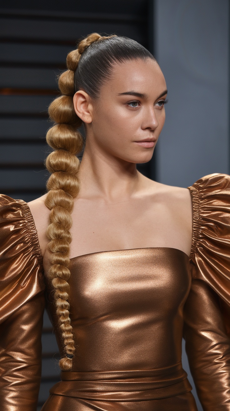 A model showcasing a sleek bubble braid ponytail hairstyle.