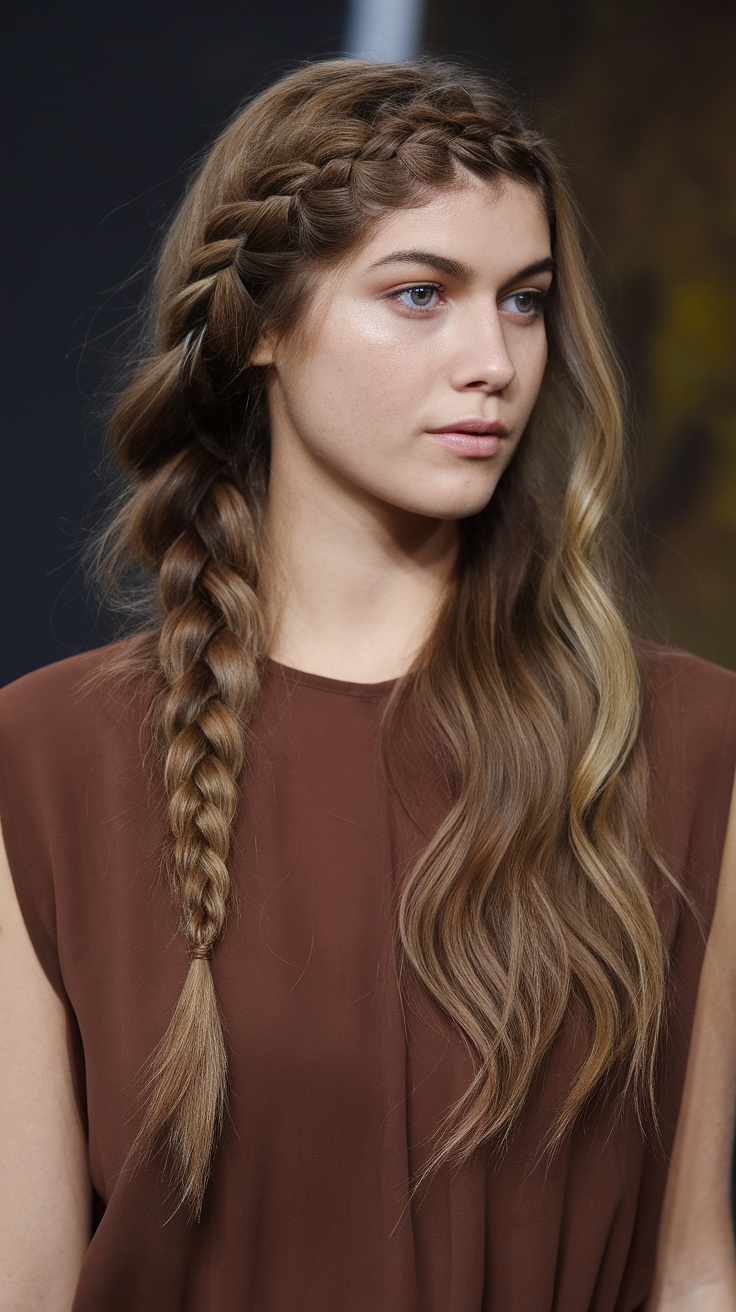 A young woman with a twisted side braid and wavy hair, wearing a brown top.