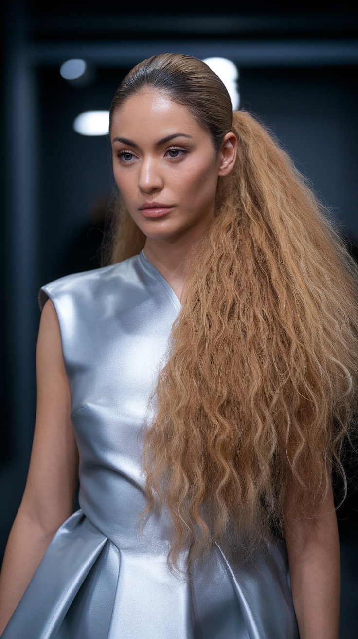 Model with voluminous curly ponytail wearing a silver outfit.