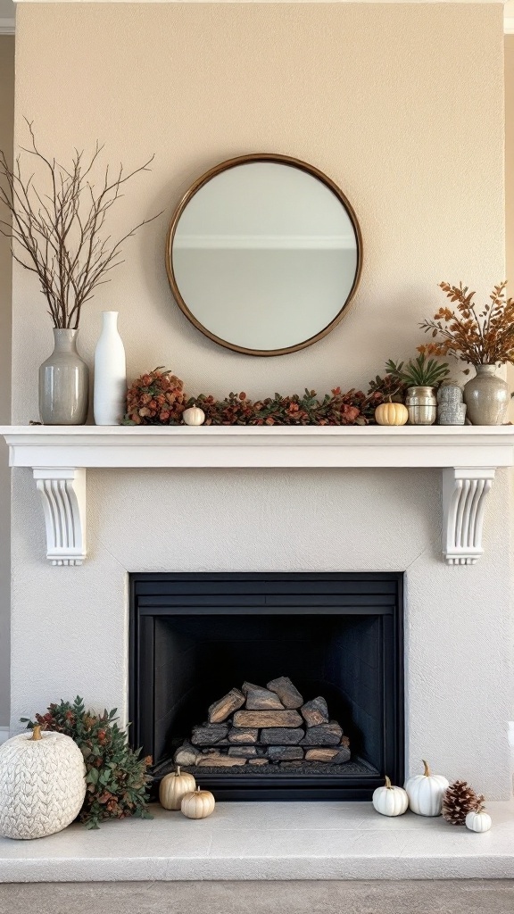 A cozy fireplace with a decorated mantel featuring a round mirror, vases, pumpkins, and greenery.