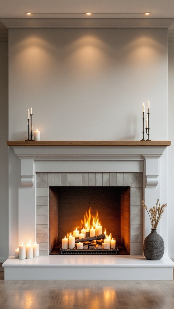 Modern farmhouse fireplace with recessed lighting and candles