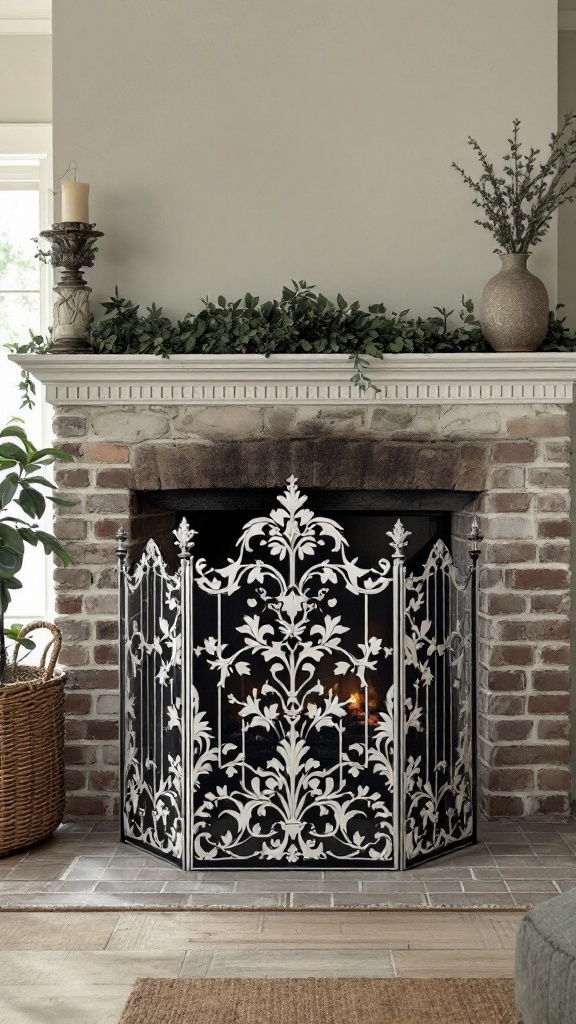 Elegant fire screen with intricate designs in front of a rustic brick fireplace.