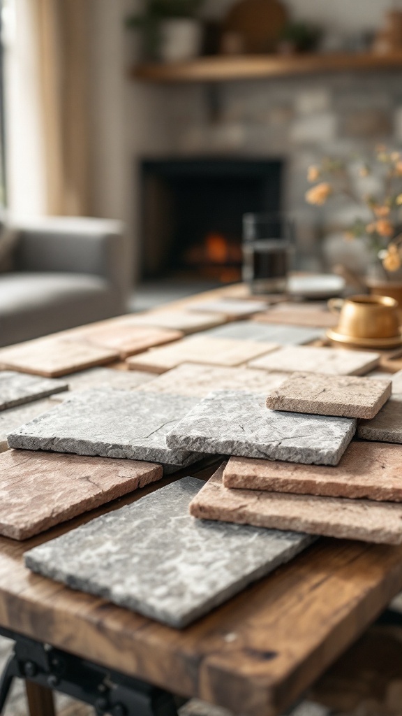 A selection of different stones and bricks on a wooden table, ready for a farmhouse fireplace makeover.