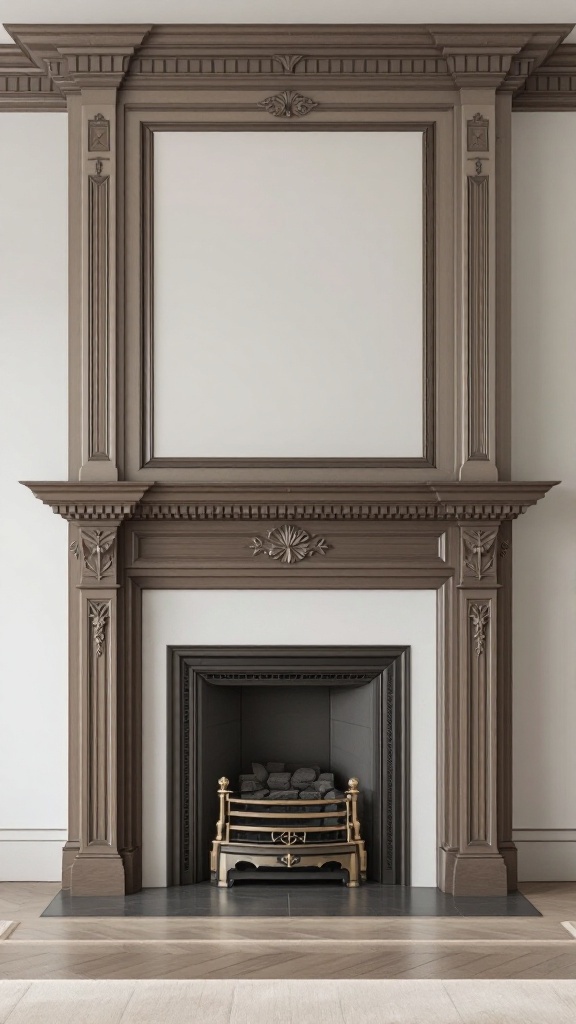 A beautifully designed farmhouse fireplace mantel with intricate woodwork and a cozy feel.