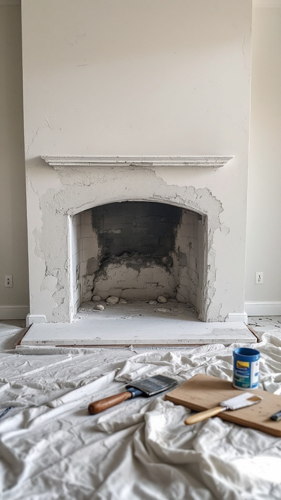 A partially finished stucco fireplace surrounded by tools and protective covering.