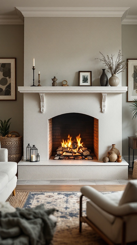 A modern stucco fireplace with decorative elements, featuring a cozy hearth and firewood storage.