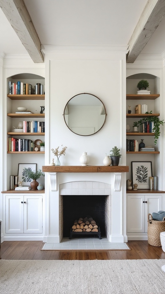 A cozy farmhouse fireplace with built-in shelving on either side, showcasing books and decorative items.