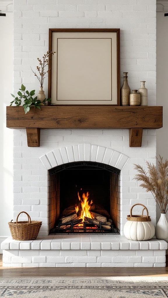 A rustic farmhouse fireplace featuring a wooden mantel, white brick, and cozy decorations.