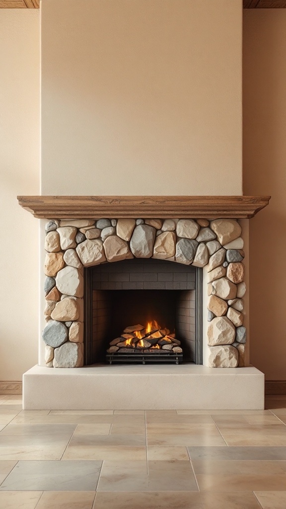 A cozy fireplace with natural stone accents and a wooden mantel.