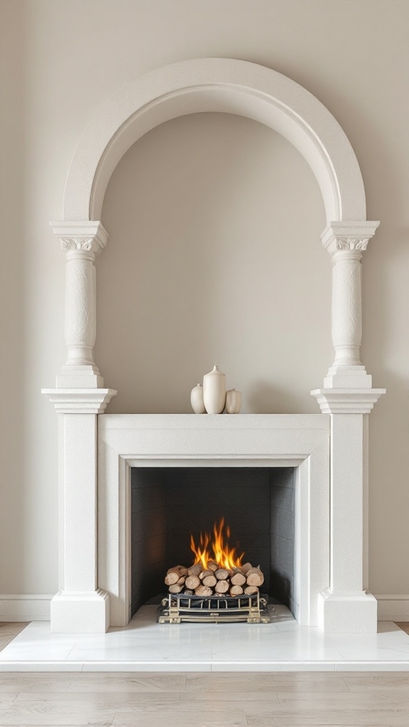 A stylish white stucco fireplace with an arch and decorative columns, featuring a cozy fire and neatly arranged logs.