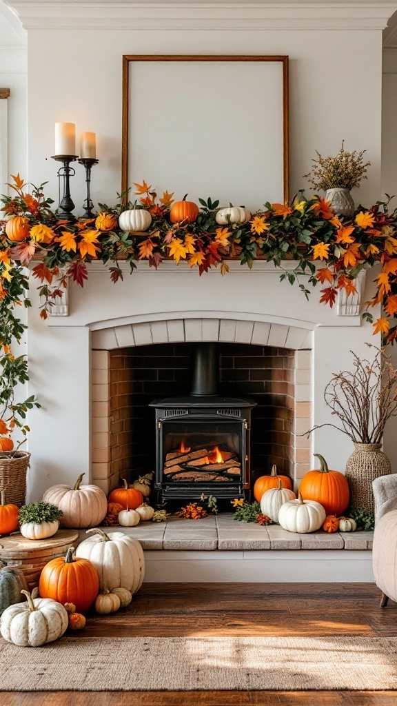 Cozy farmhouse fireplace decorated for autumn with pumpkins and fall leaves