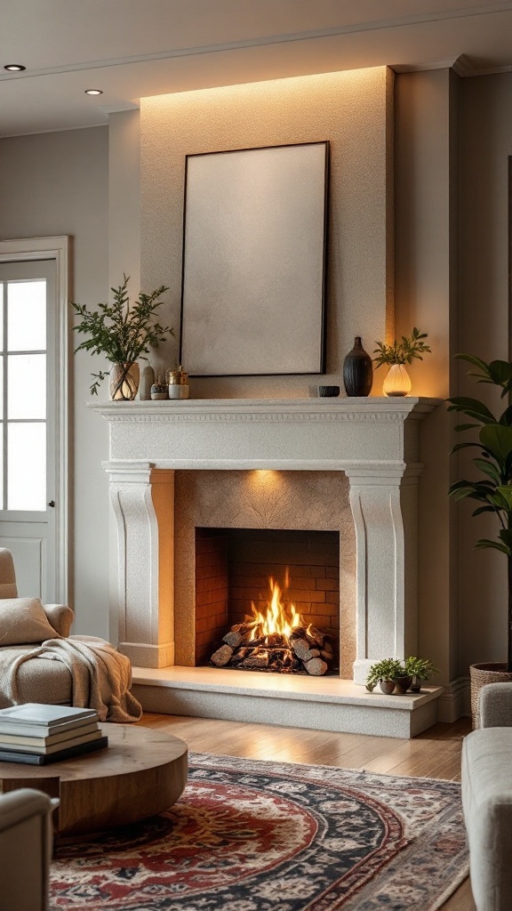 A cozy living room featuring a stucco fireplace with ambient lighting that highlights its texture, complemented by a warm fire.