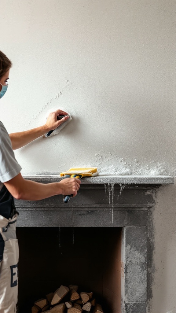 Person cleaning and repairing a stucco fireplace mantel