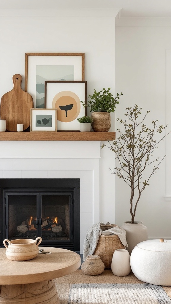 A cozy farmhouse-style fireplace with a wooden mantel, framed artwork, and decorative plants.